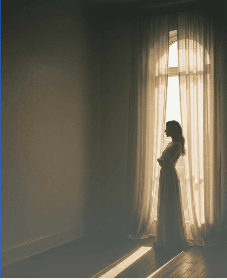 Mom standing in shadows by th window